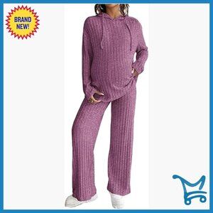 Maternity Lounge Set Ribbed Knit Hoodie Wide Leg Pants Size Large